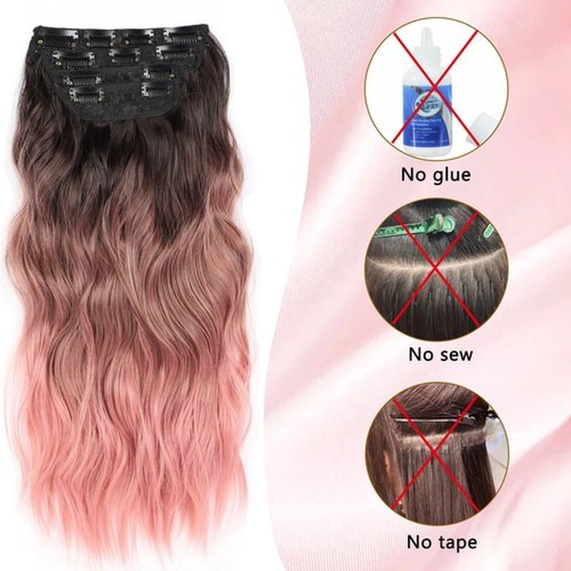 Pink Clip in Hair Extensions Synthetic Wavy Clip Hair Extensions 20 inch Thick Pink Extensions Hair Clip Double Weft Hair Extension for Women (20INCH, PINK)