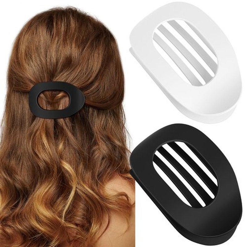 Oeusnael 2 PCS Flat Hair Clips, French Round Lay Down Claw Clips for Women Girls, Matte Non-slip Strong Hold Hair Clips for Thick Thin Curly Hair, Comfortable Curved Flat Hair Clips, White & Black