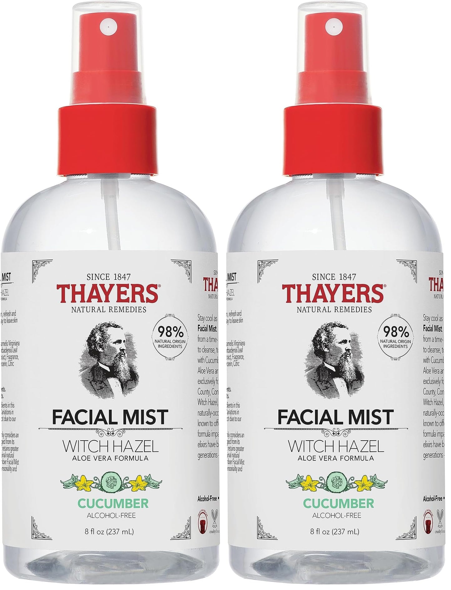 THAYERS Alcohol-Free Witch Hazel Facial Mist Toner with Aloe Vera, Cucumber, 8 Ounce (Pack of 2)