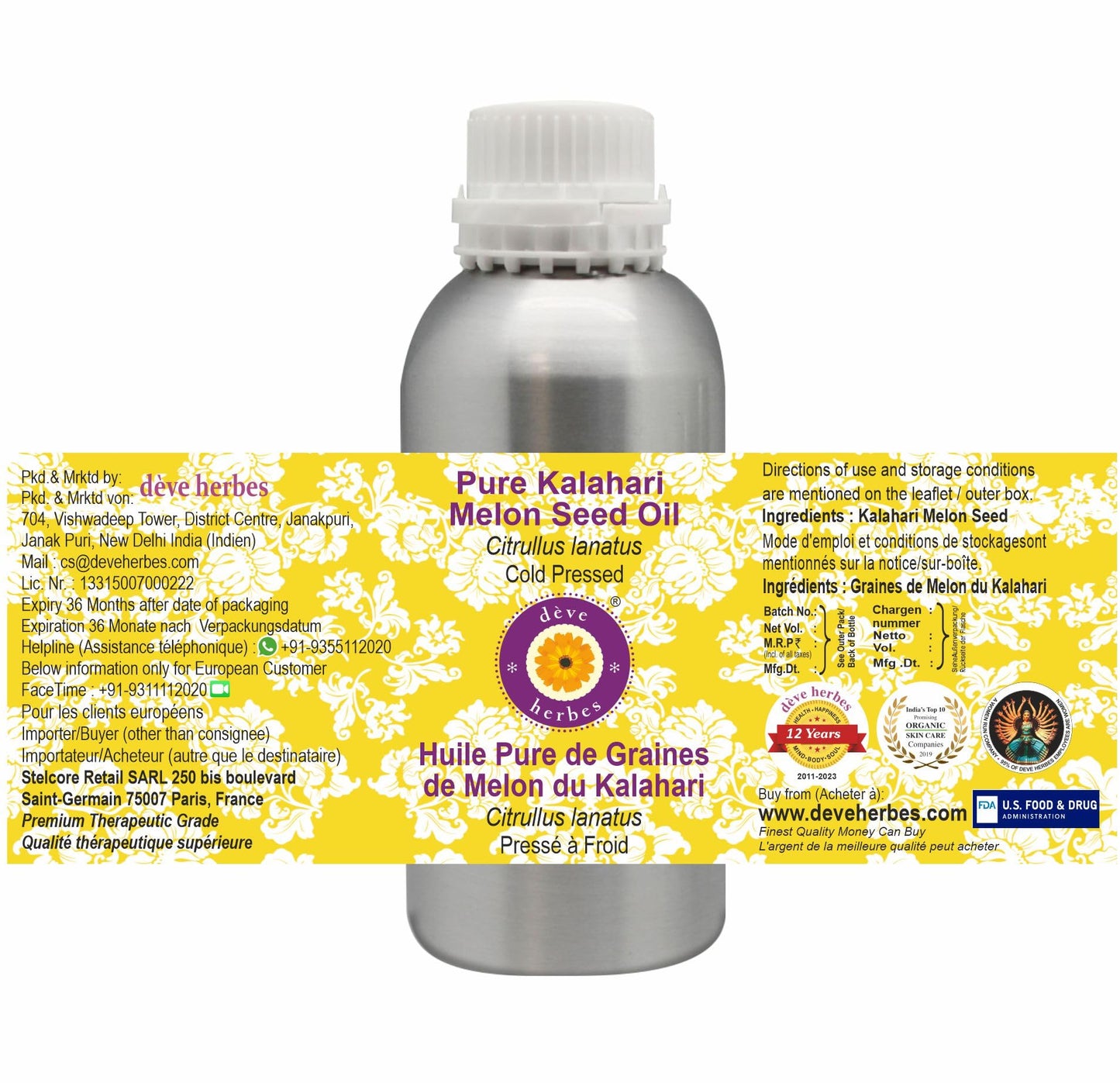 Deve Herbes Kalahari Melon Seed Oil (Citrullus lanatus) | Cold Pressed | Pure | Natural | For Diluting Essential oils | For Hair, Skin & Massage | Non-Sticky| Lightweight| Unisex | 630ml (21 oz)