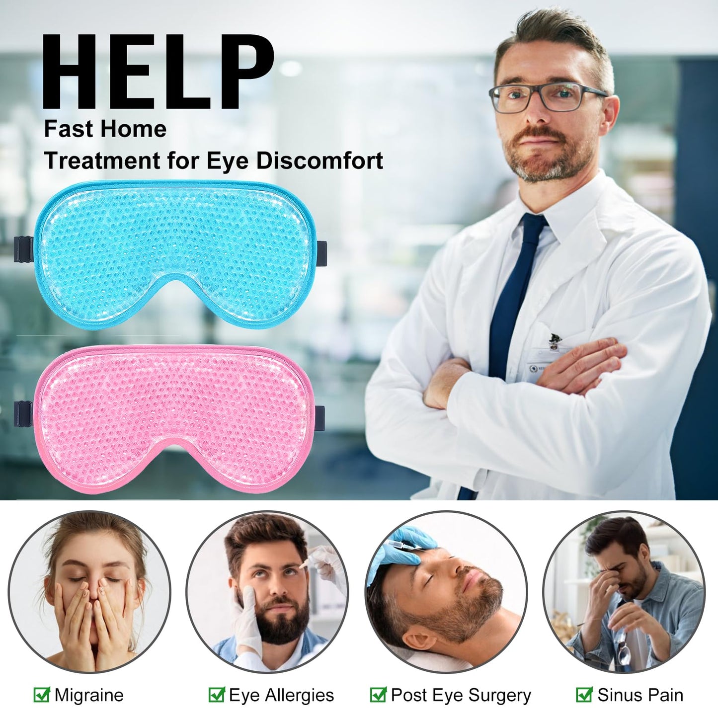 BeeVines XL Gel Eye Mask, 2 Pack Cooling Ice Masks for Puffy Eyes for Men & Women, Cold & Warm Compress for Post Surgery, Puffiness, Allergies, Sinuses & Migraines Treatment