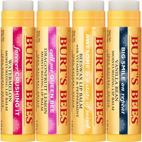 Burt's Bees Lip Balm, Moisturizing Lip Care, 100% Natural, Discover U - Original Beeswax, Watermelon, Dragonfruit Lemon & Vanilla (4 Pack)