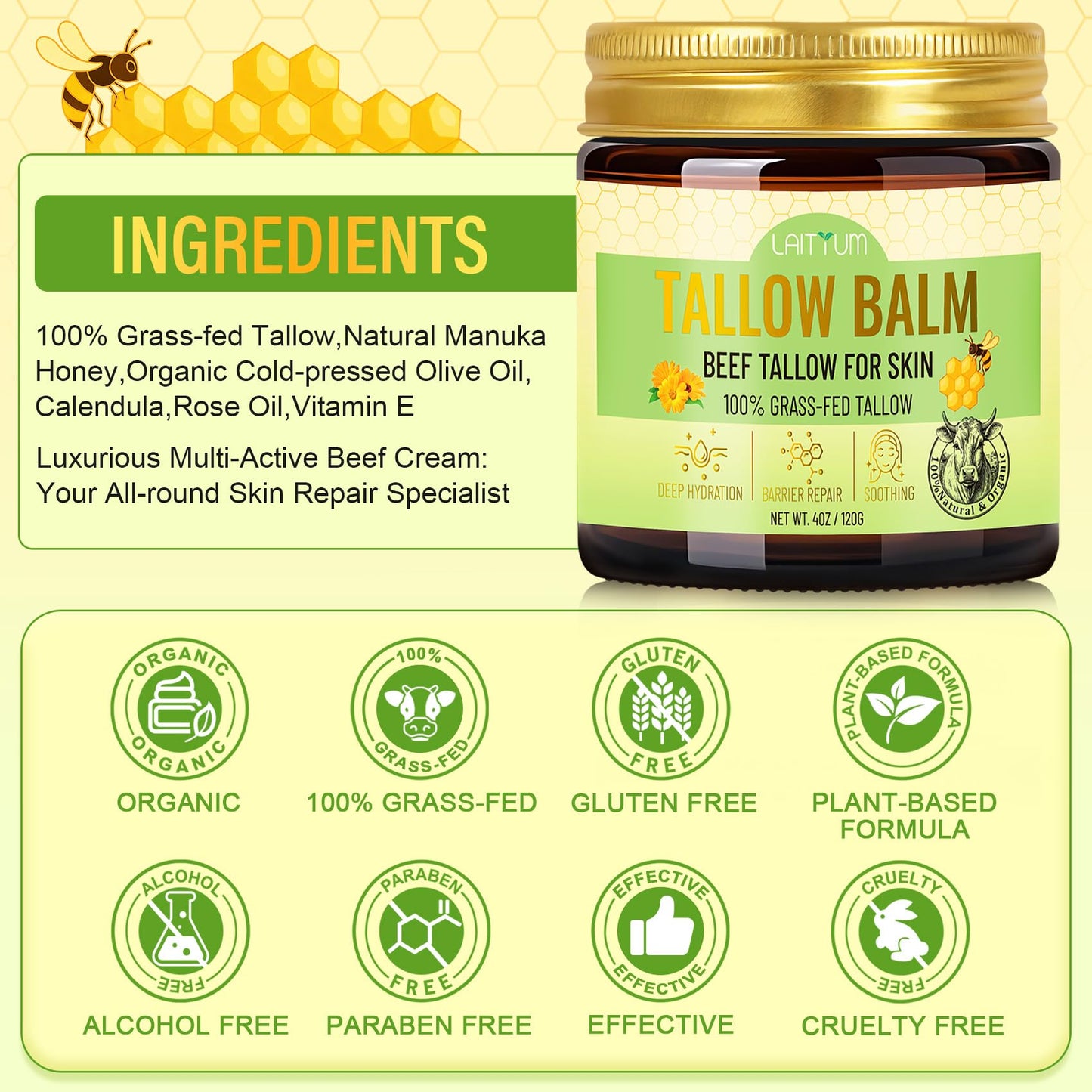 LAITYUM Beef Tallow for Skin -4oz Organic Tallow and Honey Balm for Face Moisturizer,100% Grass Fed Beef Tallow Cream,Natural Whipped Tallow Balm Deeply Nourishment for Body Dry,Cracked,Sensitive Skin