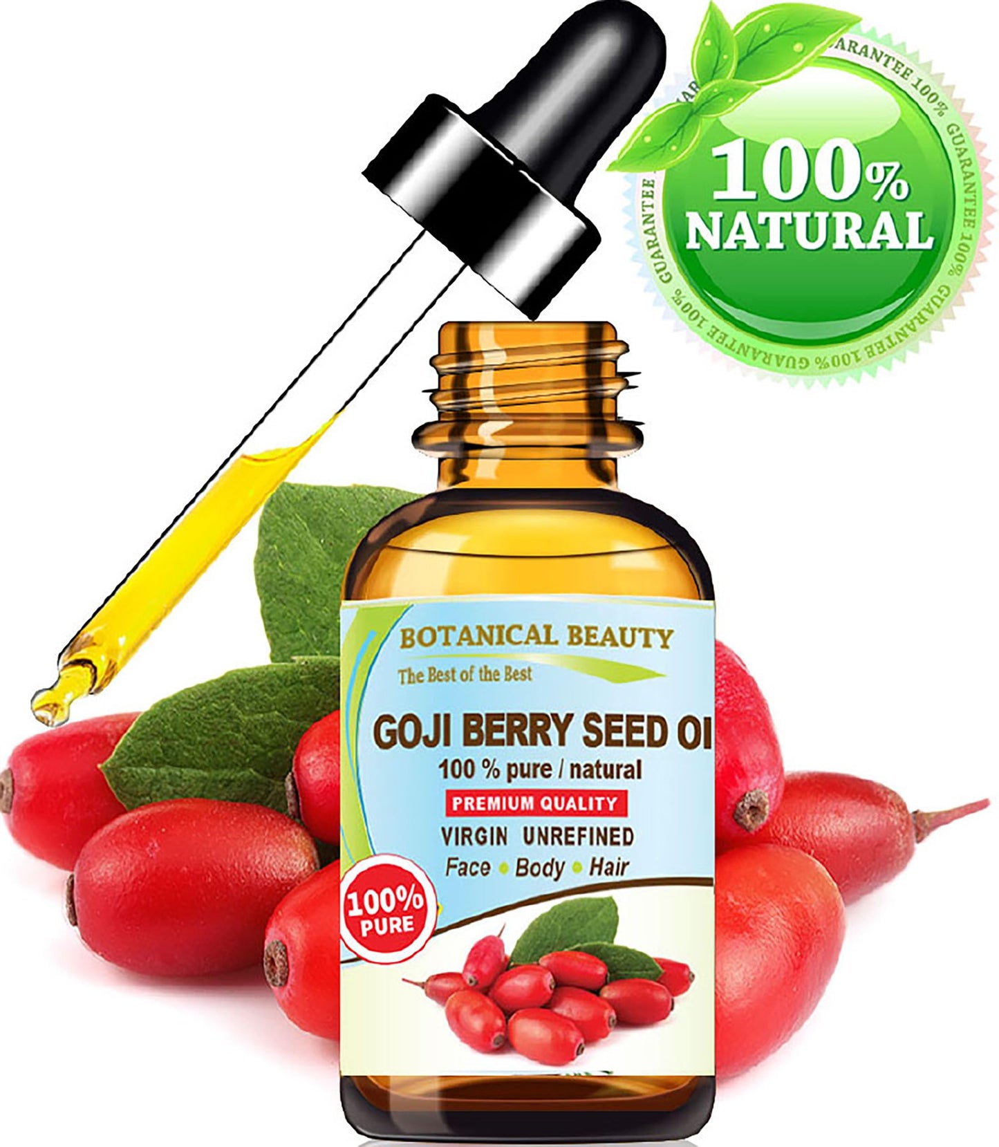 Botanical Beauty GOJI BERRY SEED OIL Lycium Barbarum Himalayan 100% Pure Natural Virgin Unrefined Cold Pressed Carrier Oil 0.5 Fl. Oz.- 15 ml for FACE, SKIN, DAMAGED HAIR, NAILS