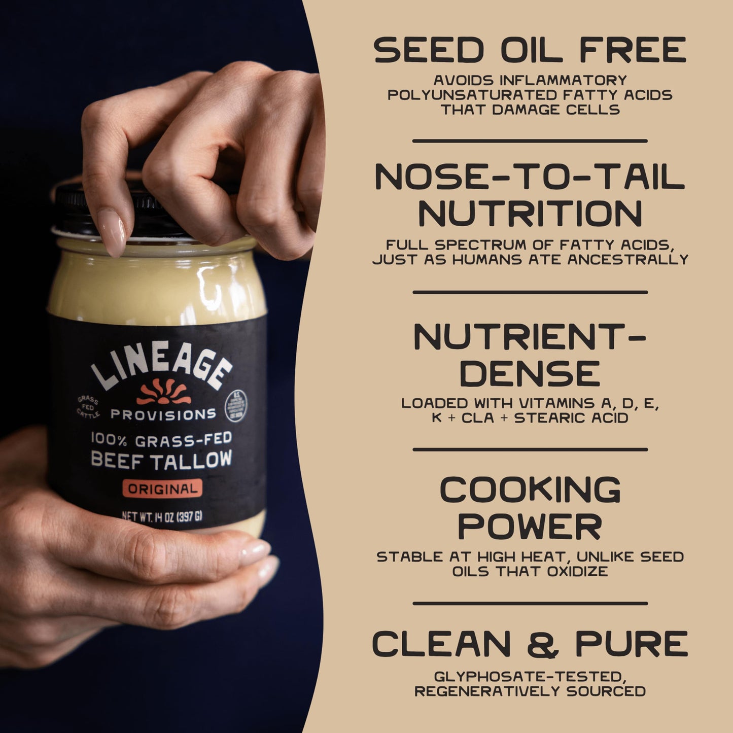 Lineage Provisions - 100% Grass-Fed & Finished Beef Tallow – 3-Pack Glass Jars – US-Raised Cattle – Nose-to-Tail Rendered – Cooking Oil Alternative, Keto & Paleo Friendly