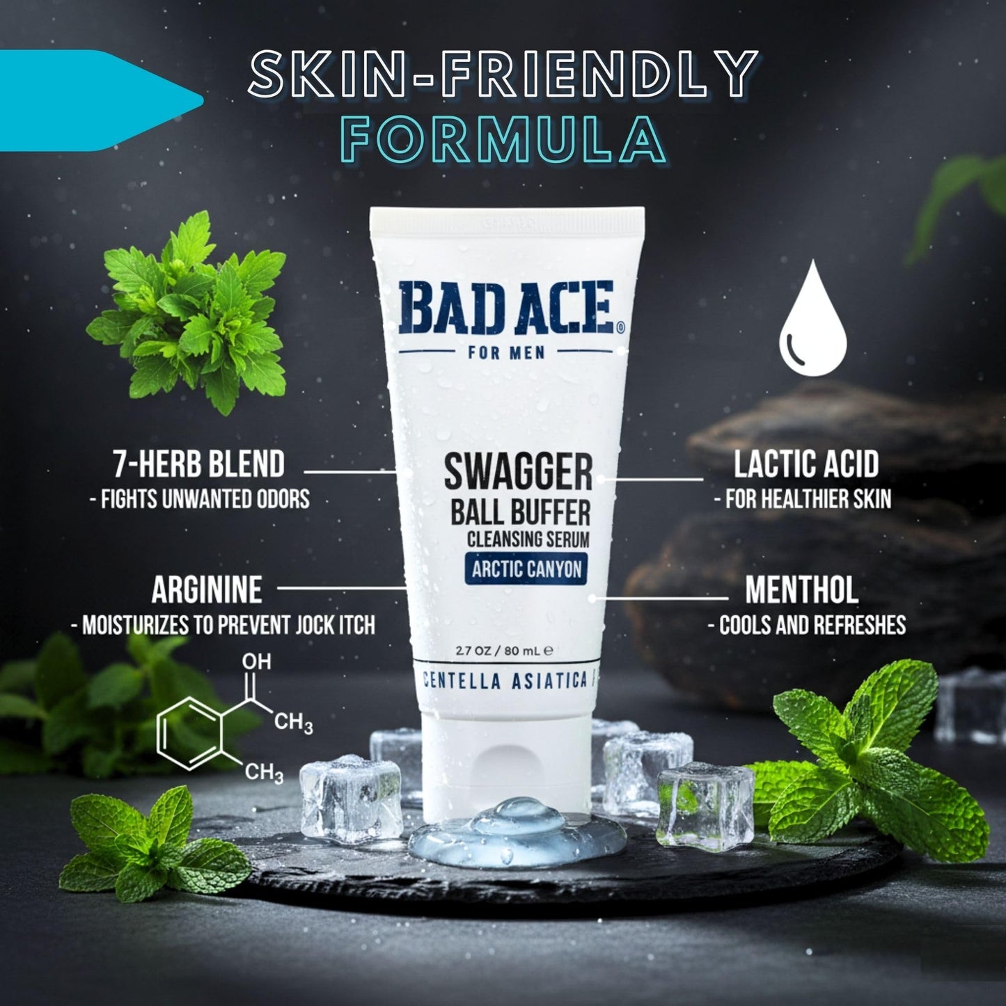 BAD ACE Swagger Ball Buffer | Rinse-Free Hygiene Cleanser & Men's Intimate Wash | Ball & Groin Wash for Mens Hygiene | Below-the-Belt Intimate Wash for Male, Odor & Sweat Control, 2.7 oz