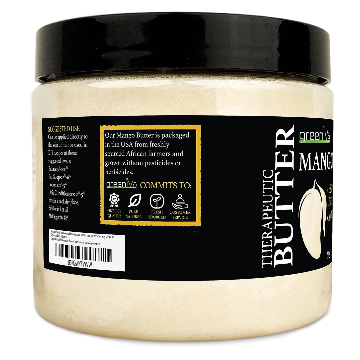 GreenIVe Deodorized Mango Butter 100% Pure Raw Unrefined Natural Creamy Skin Hair Moisturizer Hydrating Body Butter Lotion Lip Balm Soap Making DIY Cosmetics Whipped Creams Food Grade 16oz