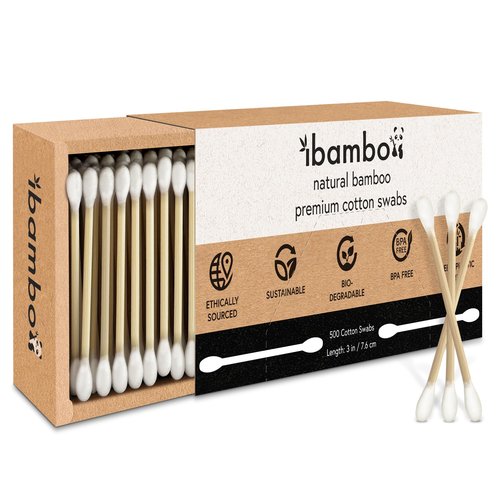 Ibambo 500 Pack 100% Bamboo Cotton Swabs - Double Tipped Cotton Buds for Ear Cleaning | Bamboo Swabs for Beauty & Personal Care | FSC Certified & Hypoallergenic, Suitable for All Ages and Pets