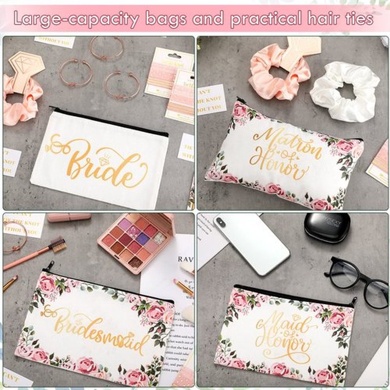 63 Pcs Bridesmaid Proposal Gifts Bulk Maid of Honor Gifts Matron of Honor Gifts Brides Bridesmaid Cosmetic Makeup Bag Hair Knotted Bracelets Invitation Cards for Wedding Bachelorette (Flower Style)