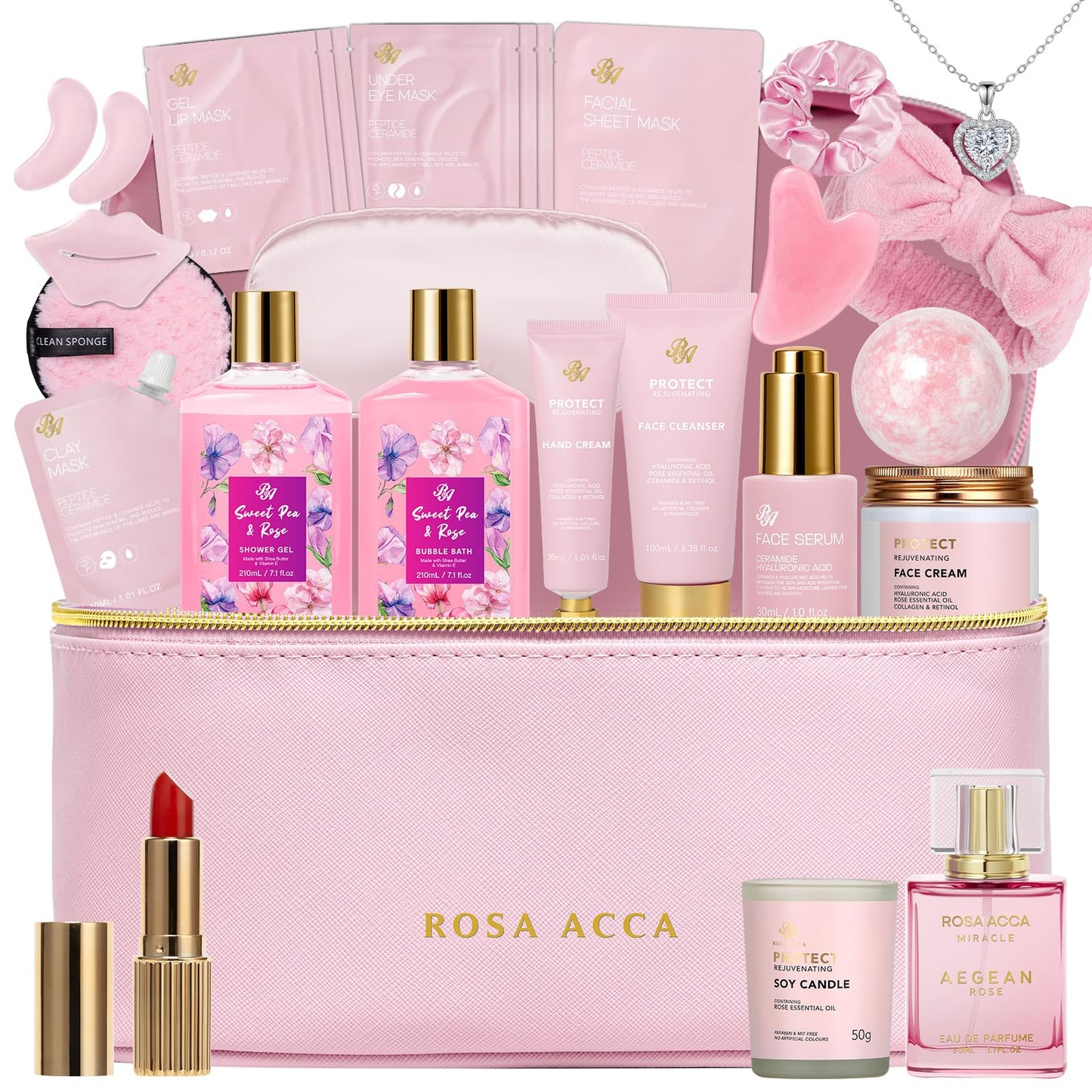 Gifts for Women, Gifts Basket for Women, 25 Pcs Rose Bath & Body Gift Basket Set, Hydrating Skin Care Gift Set, Self Care Gifts, Cosmetic Bag, Necklace, Christmas, Birthday, Anniversary, Mom, Wife