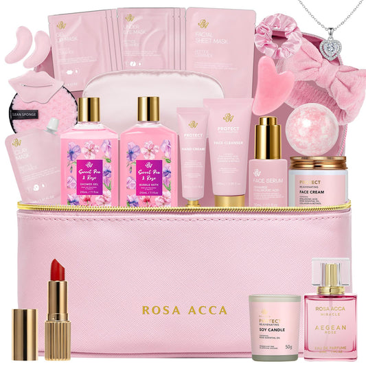 Gifts for Women, Gifts Basket for Women, 25 Pcs Rose Bath & Body Gift Basket Set, Hydrating Skin Care Gift Set, Self Care Gifts, Cosmetic Bag, Necklace, Christmas, Birthday, Anniversary, Mom, Wife
