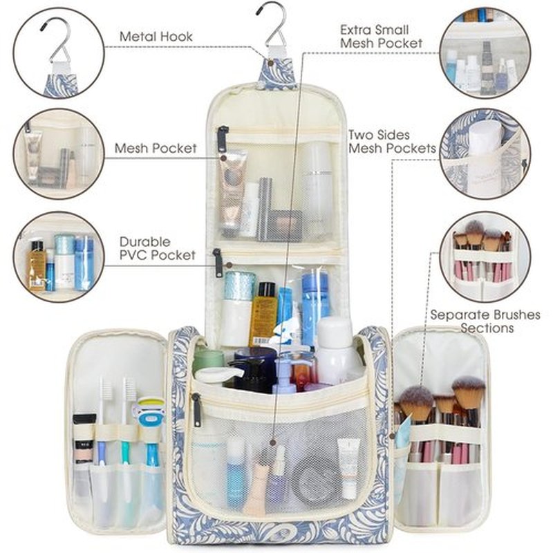 Hanging Toiletry Bag for Women Travel Makeup Bag Organizer Toiletries Bag Men for Cosmetics Essentials Accessories(Large, Blue Leaf)