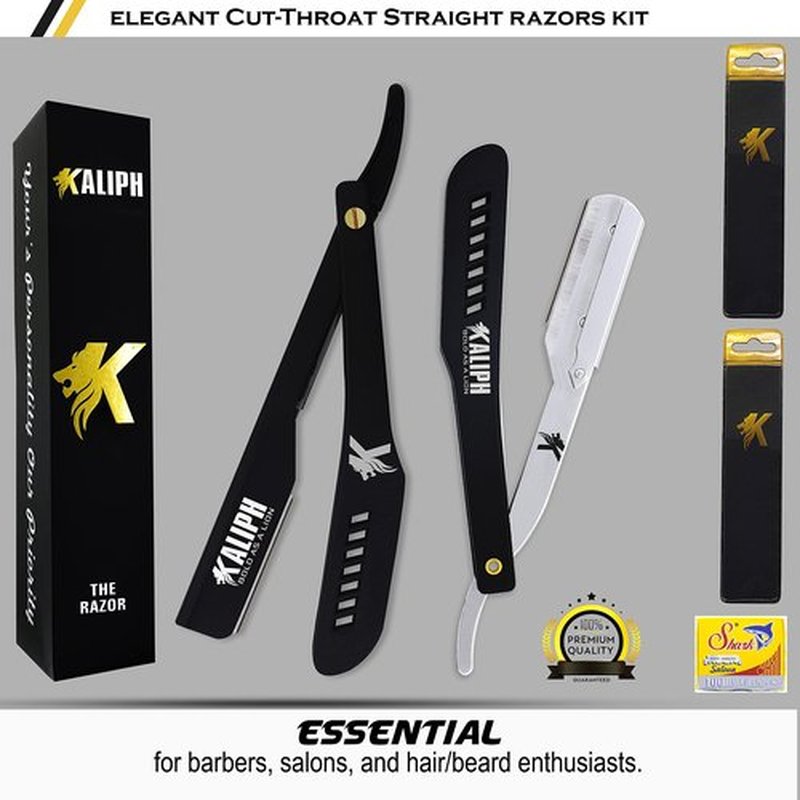 Kaliph Professional Straight Razor For Men - Premium Pack of 2 Straight Edge Barber Razor With 100 Blades - Smooth Shaving Men's Manual Cut Throat Shaver Safety Kit (Black)