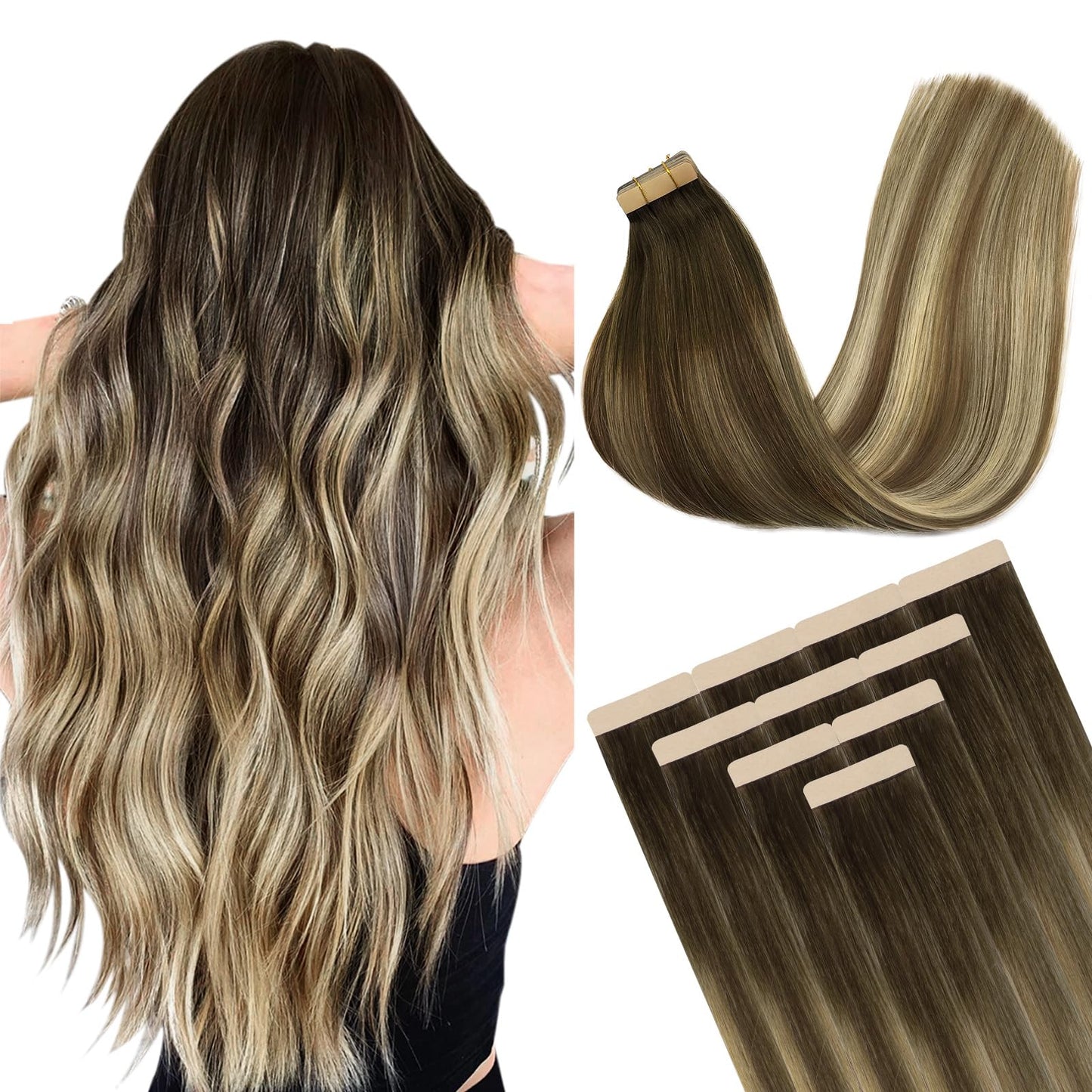 DOORES Hair Extensions Tape in, Balayage Walnut Brown to Ash Brown and Bleach Blonde 14 Inch 25g 10pcs, Tape in Human Hair Extensions Straight Remy Hair Skin Weft Tape