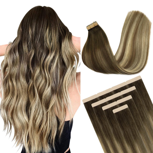 DOORES Hair Extensions Tape in, Balayage Walnut Brown to Ash Brown and Bleach Blonde 14 Inch 25g 10pcs, Tape in Human Hair Extensions Straight Remy Hair Skin Weft Tape