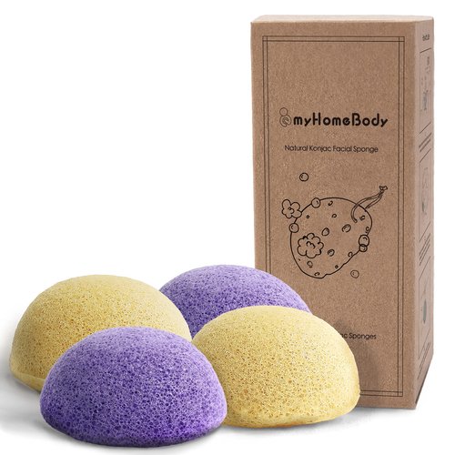 myHomeBody Natural Konjac Facial Sponges - for Gentle Face Cleansing and Exfoliation (2 Lavender Purple, 2 Turmeric Yellow)