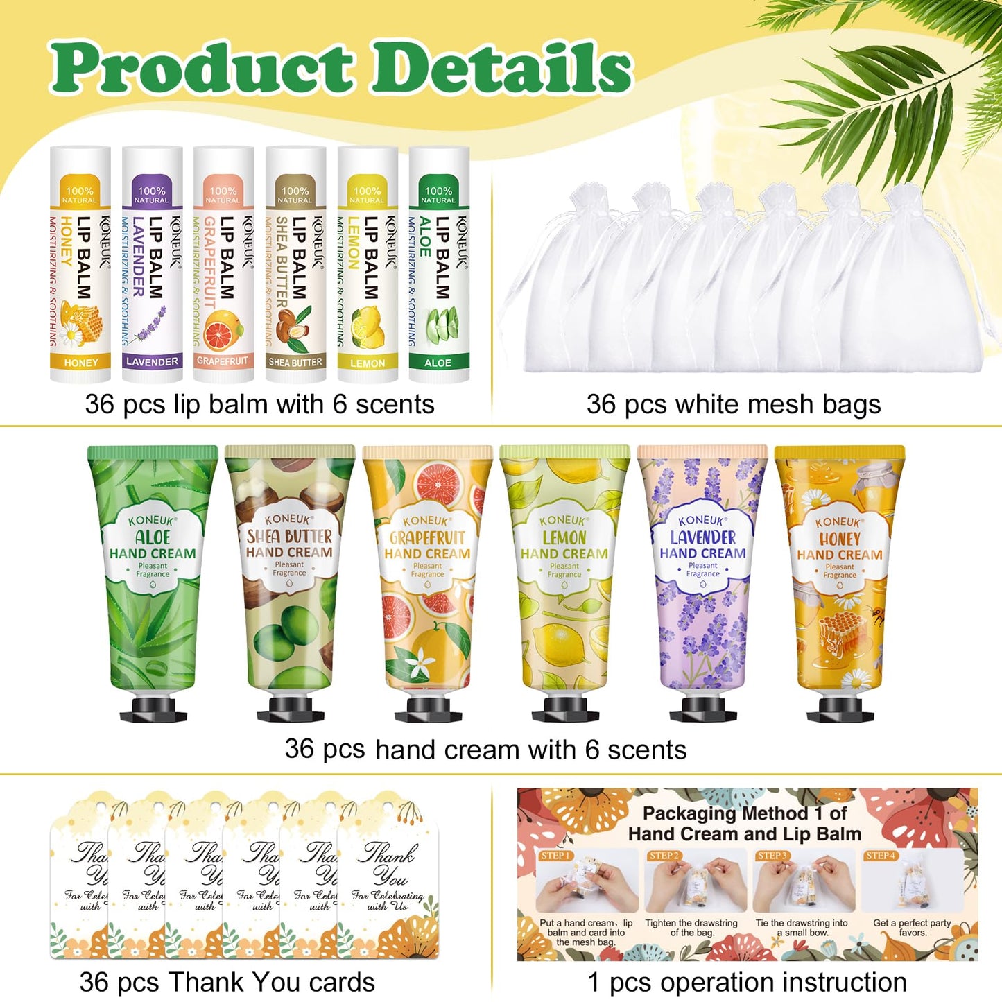KONEUK 36 Pack Hand Cream Bulk and Lip Balm Bulk Sets, Party Favors, Thank You Gifts and Birthday Gifts with Thank You Card Organza Bags, Teacher Appreciation Gifts and Bridal Shower Favors