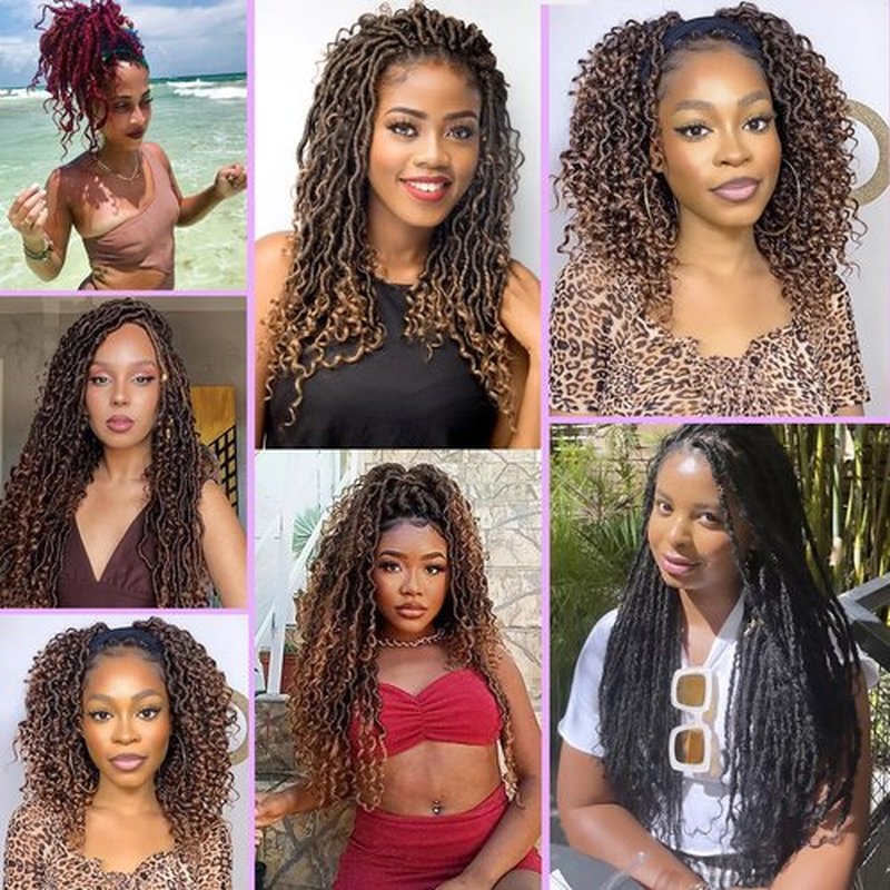 Leeven 36 Inch 7 Packs Goddess Locs Crochet Hair Ombre Brown Pre-looped Long Bohemian Crochet Faux Locs Hair With Curly Ends 84 Strands Synthetic Soft Locs Hair Extensions for Black Women T30#