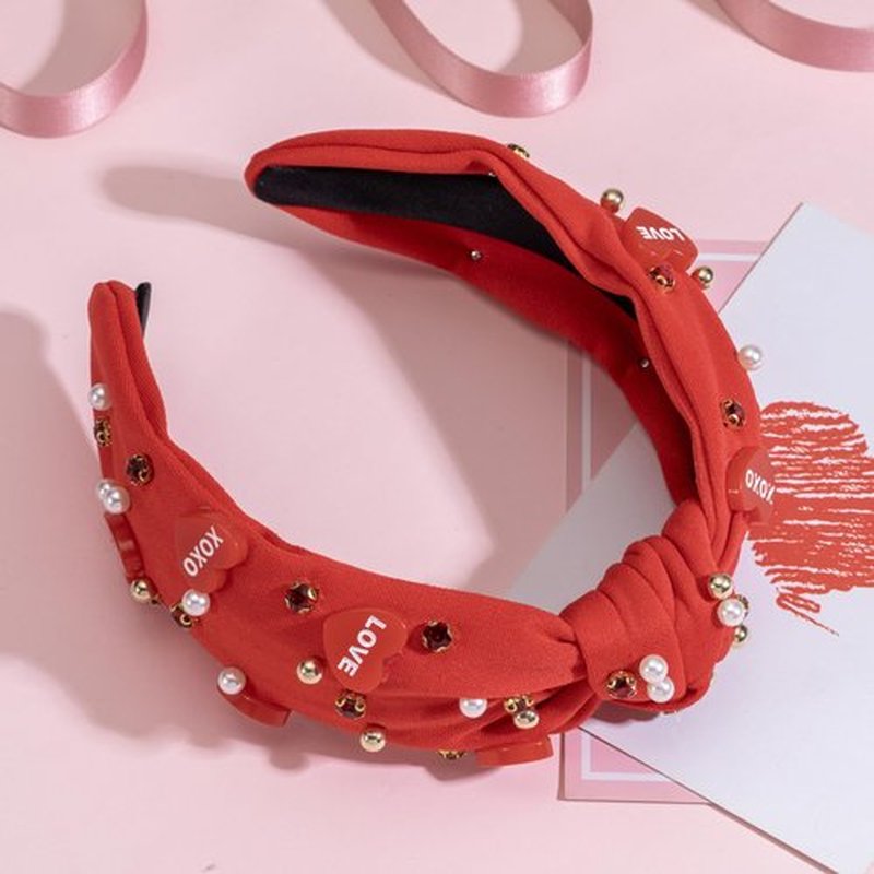 Valentine’s Day Headband for Women Love Message Heart Headband Jeweled Crystal Pearl Knotted Headband Red Pink Wide Top Knot Headband Valentine’s Day Hair Accessories Gifts(Red-LOVE charm)