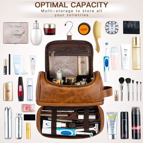 Elviros Toiletry Bag, Mens Leather Travel Organizer Kit with hanging hook, Large Water-resistant Toiletries Bathroom Shaving Bags for Women (Brown)