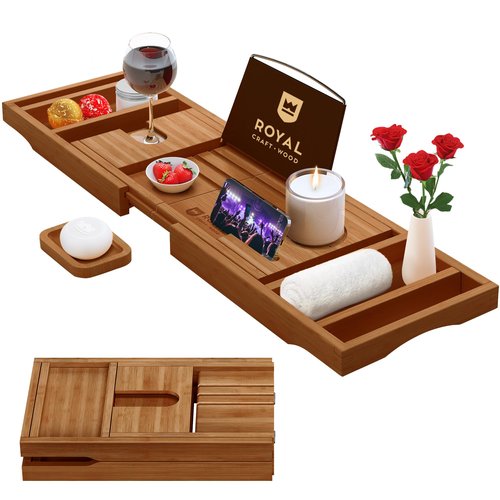 ROYAL CRAFT WOOD Premium Foldable Bathtub Tray - Wood Bath Tray for Tub, Bamboo Bathtub Shelf, Expandable Bath Table Tray, Luxury Bathtub & Bathroom Accessories for New Home & Unique Gift for Women