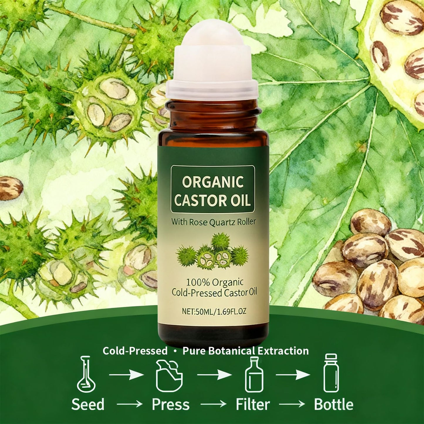 Maidlure Organic Castor Oil Roll-on with Rose Quartz, 100% Cold-Pressed Organic Castor Oil Glass Bottles Roller for Skin, Brows & Lashes 1.7oz (1)