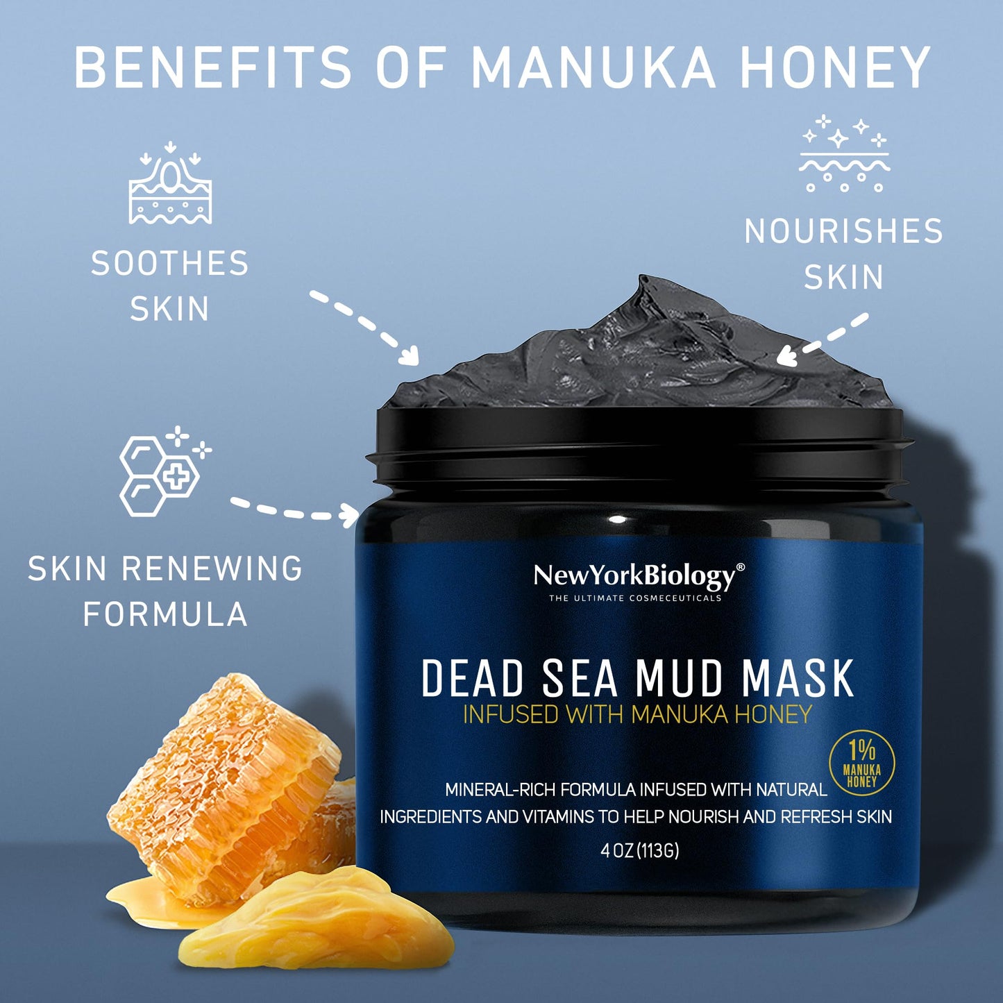 New York Biology Dead Sea Mud Mask for Face and Body | with Manuka Honey | Spa Quality Pore Refiner for Oily Skin | Natural Skincare for Women & Men | Tighten Skin for A Healthier Complexion | 4 oz