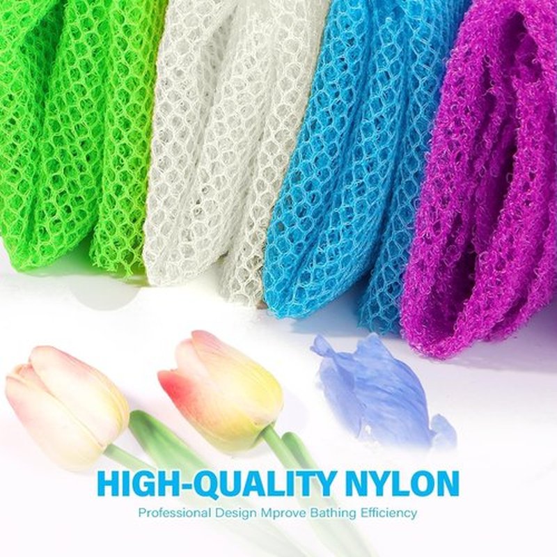 4 Pieces African exfoliating net African Net Long Net Bath Sponge Exfoliating Shower Body Scrubber Back Scrubber Skin Smoother,Great for Daily Use (Purple, Blue, Green, White)