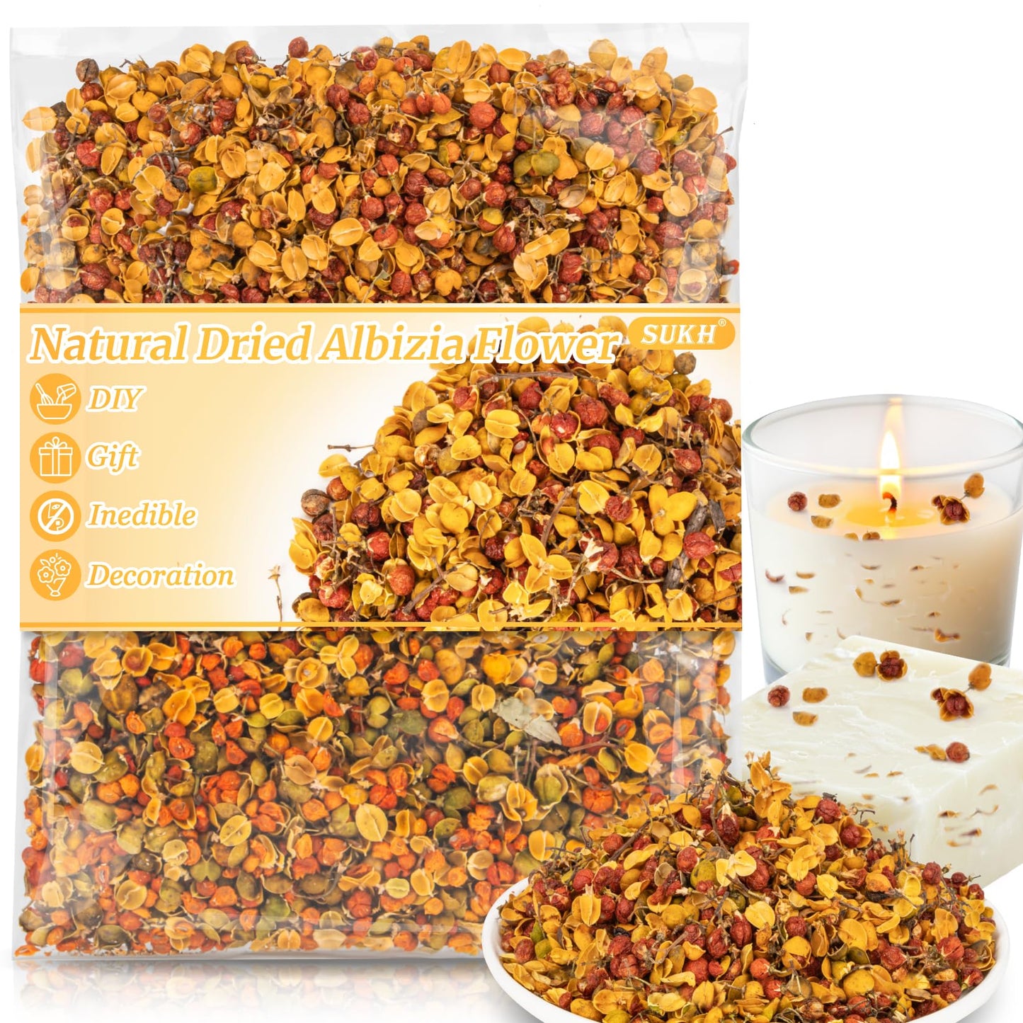 Sukh Dried Albizia Flower - Natural Herbs Eadried Acacia Flower 3oz Bulk Albizia Julibrissin Blooming for Soap Making,DIY Candle Making,Bath and Wedding Party Decoration