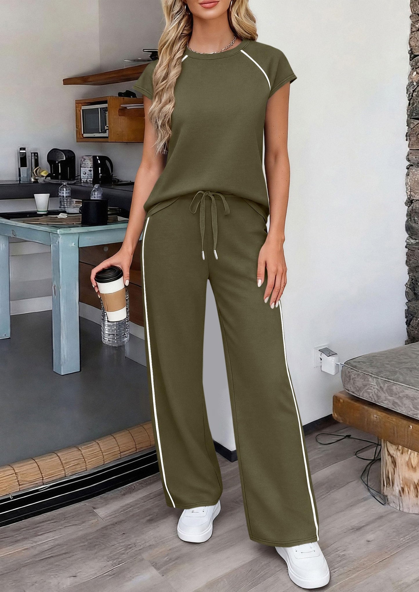 PRETTYGARDEN Two Piece Sets for Women 2026 Summer Vacation Outfits Cap Sleeve Tops Lounge Pants Matching Set Fashion Clothing