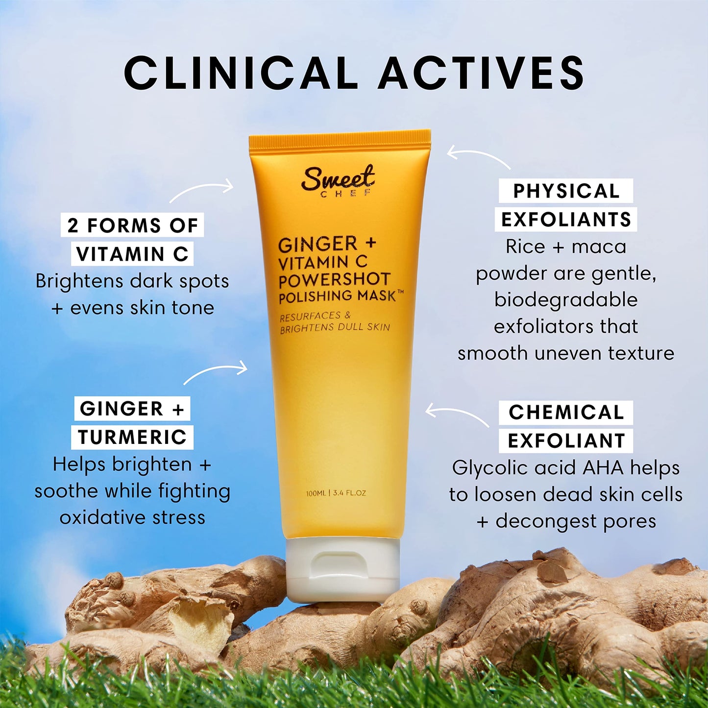 Sweet Chef Ginger + Vitamin C Powershot Polishing Mask - Brightening Face Mask for Dark Spots & Uneven Skin Tone + Maca, Rice Powders & AHA Face Exfoliant & Resurfacing Formula (3.4oz)