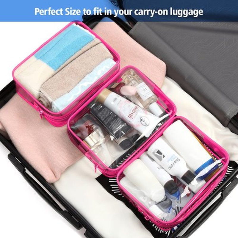 PACKISM Clear Makeup Bags - 3 Pack Quart Size Travel Bag TSA Approved Clear Travel Bags for Toiletries, Clear Cosmetic Bags Carry on Clear Toilety Bag TSA Approved Toiletry Bags, Matte Rose Red
