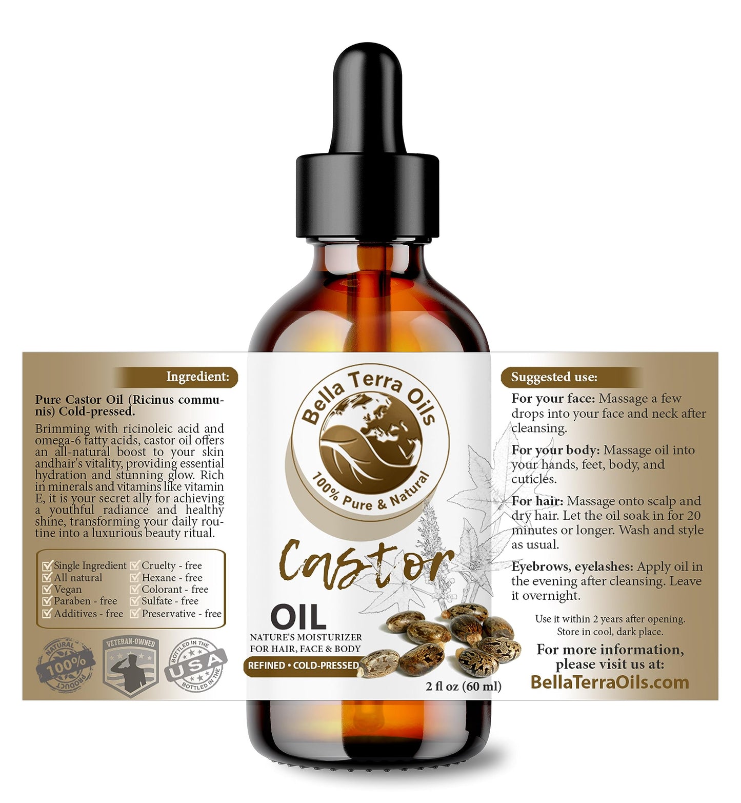 Bella Terra Oils - Natural Castor Oil 2oz Glass Bottle - Pure & Cold-Pressed, Rich in Stearic Acid for Skin & Hair Care