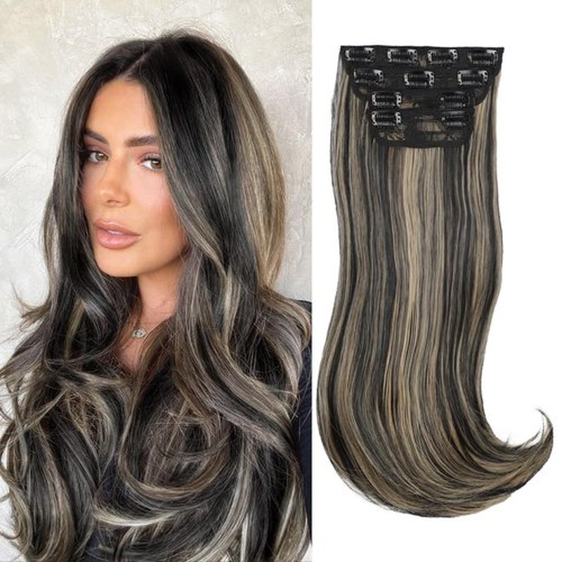 FREEMEIGE Black Mix Blonde Long Straight Hair Extensions Layered Hair Extensions Soft Synthetic Clip in Hair Extensions Hairpieces for Women(2/18)