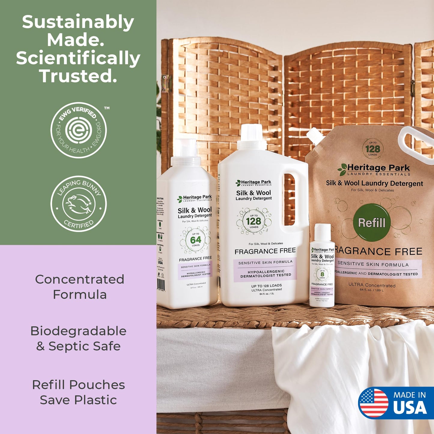 Heritage Park Silk & Wool Fragrance Free, Hypoallergenic, pH-Neutral Laundry Detergent - Dermatologist-tested, Sensitive Skin-Friendly, Enzymes-Free, Ultra Concentrated (4 Fl Oz)