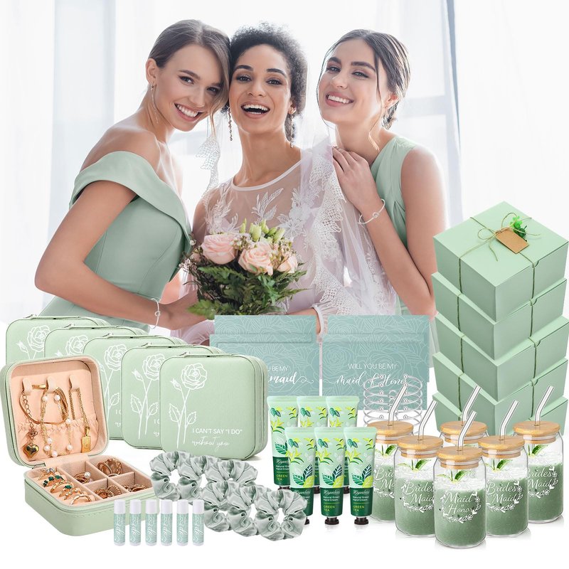 Teenyyou 60 Pcs Bridesmaid Proposal Gifts Bridesmaid Box Set Maid of Honor Gift Wedding Bridal Shower Include Jewelry Box Glass Cup Scrunchies Hair Knotted Bracelets Hand Cream Lip Balm Cards(Green)