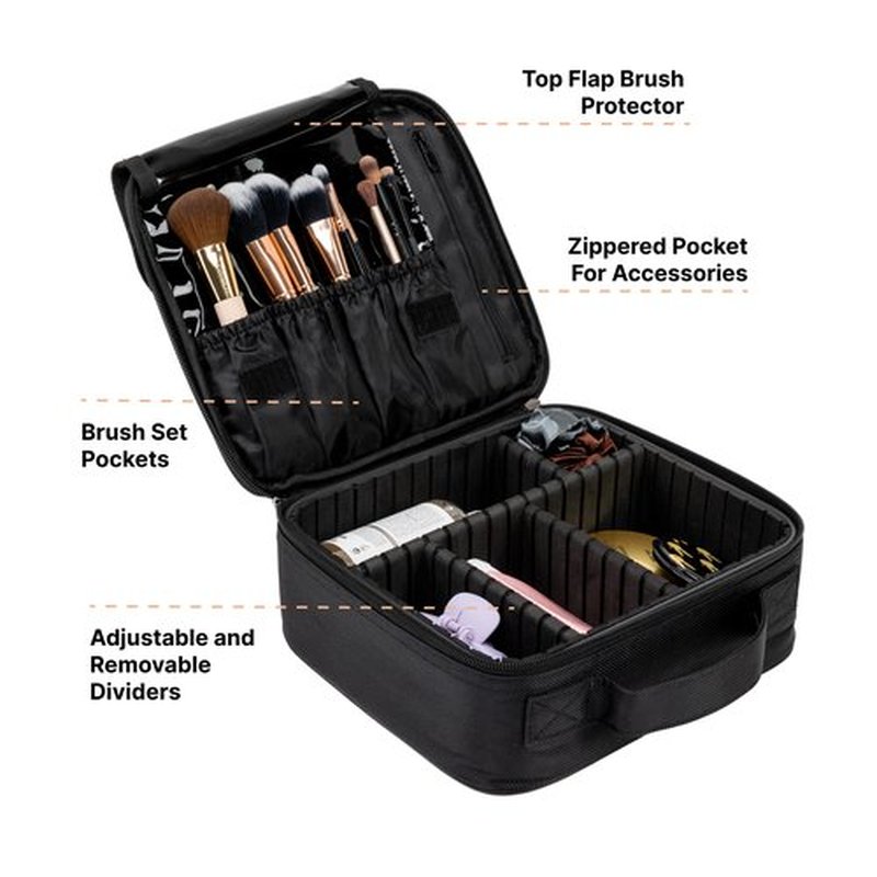 (Not Made In China) 2 Pack, Makeup Train Case, Cosmetic Bag, Portable Beauty Organizer and Storage Box With Adjustable Dividers For Make Up and Brushes (Black, Small)