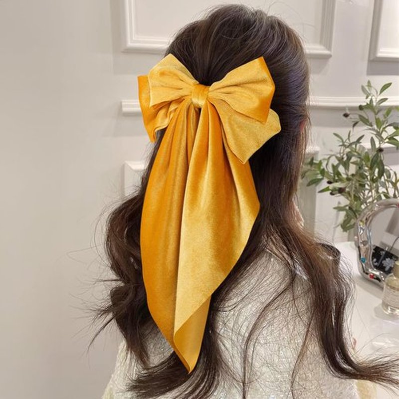 2pc Large Hair Bows for Women Girls Yellow Velvet Ribbon Hair Bow Clips with Long Tail French Barrette Hair Clamps Fall Winter Early Spring Hair Styling Accessories