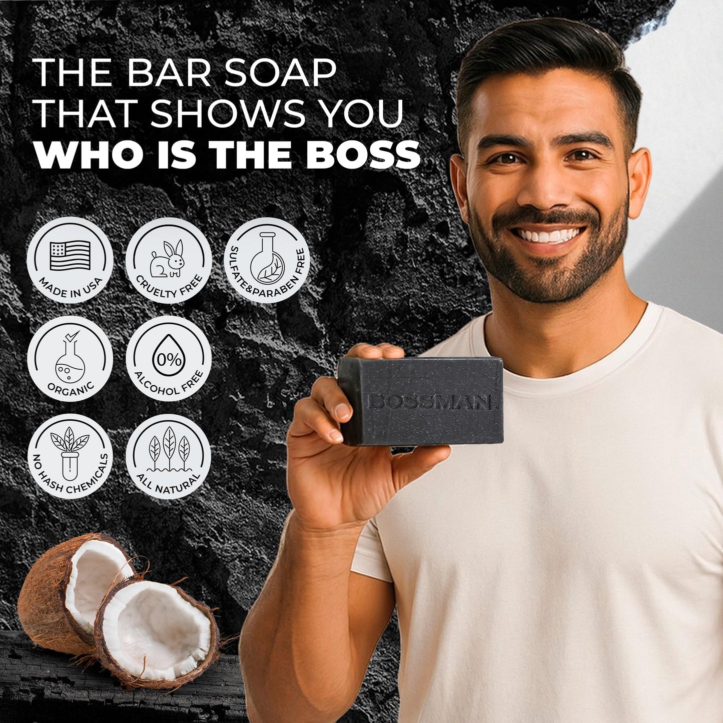 Bossman 3-Pack 4-in-1 Charcoal Soap Bar (4 oz) – Bar Soap for Men – All-Natural Beard Wash, Shampoo, Body Wash & Shaving Solution – Eucalyptus & Tea Tree Scent