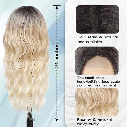 NAYOO Long Wavy Wigs for Women Middle Part Wavy Curly Wig with Dark Roots Synthetic Heat Resistant Fiber Women Wigs for Daily Party Use (Ombre Platinum Blonde)