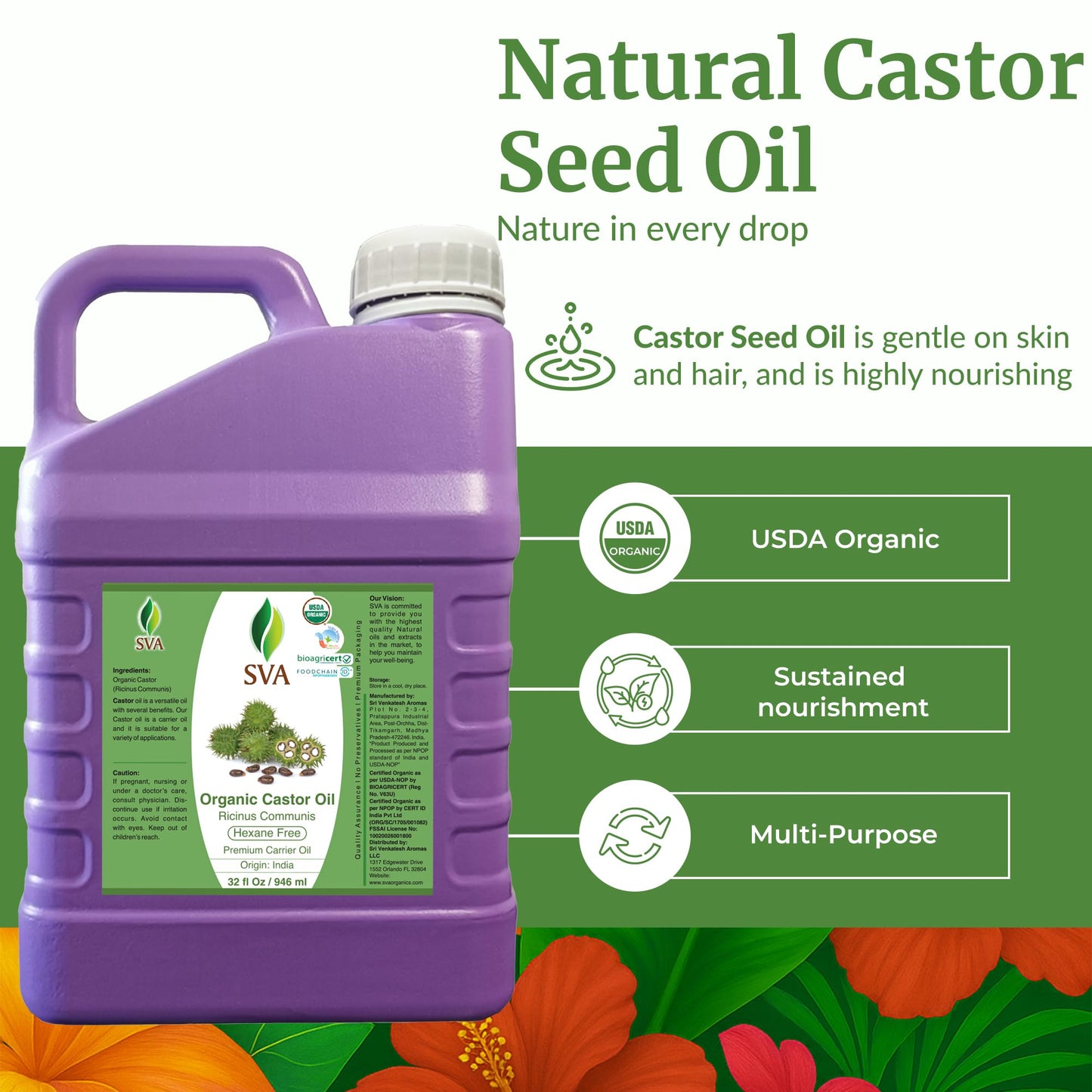 SVA Organic Castor Seed Carrier Oil, Large Size, 32 Oz (946 ml)