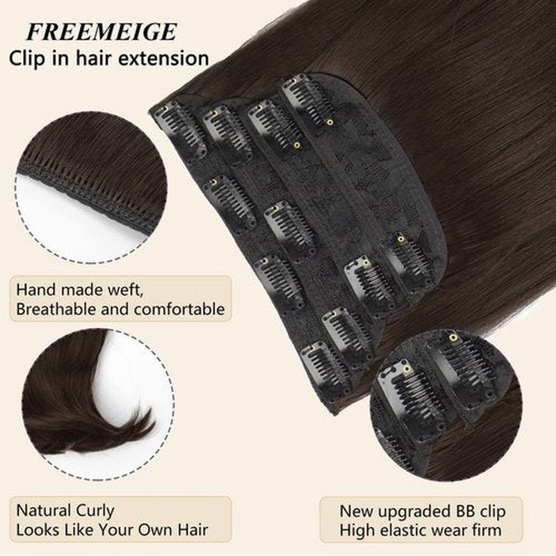 FREEMEIGE Clip in Hair Extensions Hair Extensions for Women Hair Extension Straight Layered Hair Extensions Clip ins Brown Synthetic Heat Resistant Long Wavy Daily Use 20 Inch