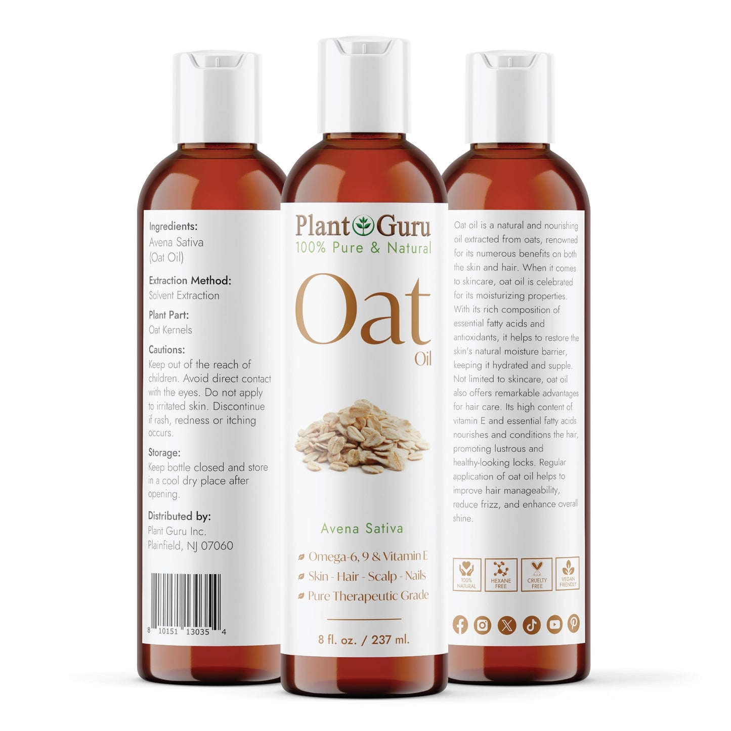 Plant Guru Oat Oil 8 fl. oz. 100% Pure Natural Carrier – Skin, Face, Body & Hair Moisturizer. Great for DIY Creams, Lotions & Lip Balm