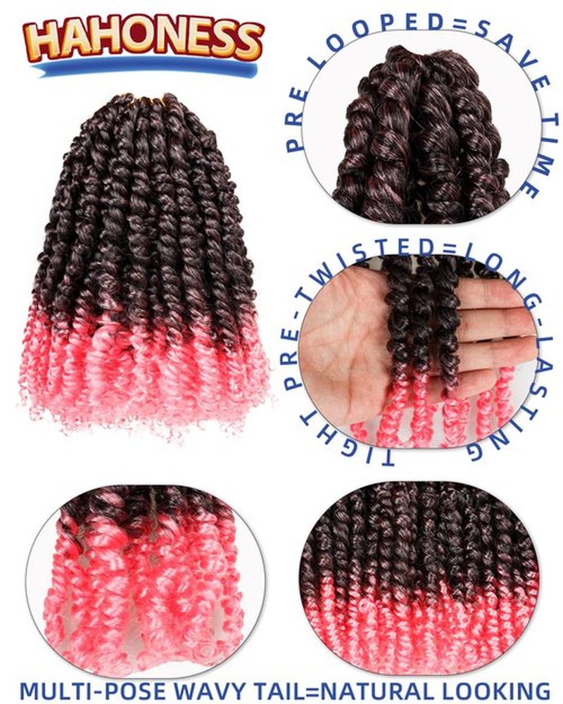 hahoness 10 Inch 8 Packs Pre Looped Passion Twist Crochet Hair for Black Women and Kids-Ombre Pink, Super Soft Bouncy Synthetic Braided Hair Extensions(10 Inch-8 Packs,T1B/Pink)