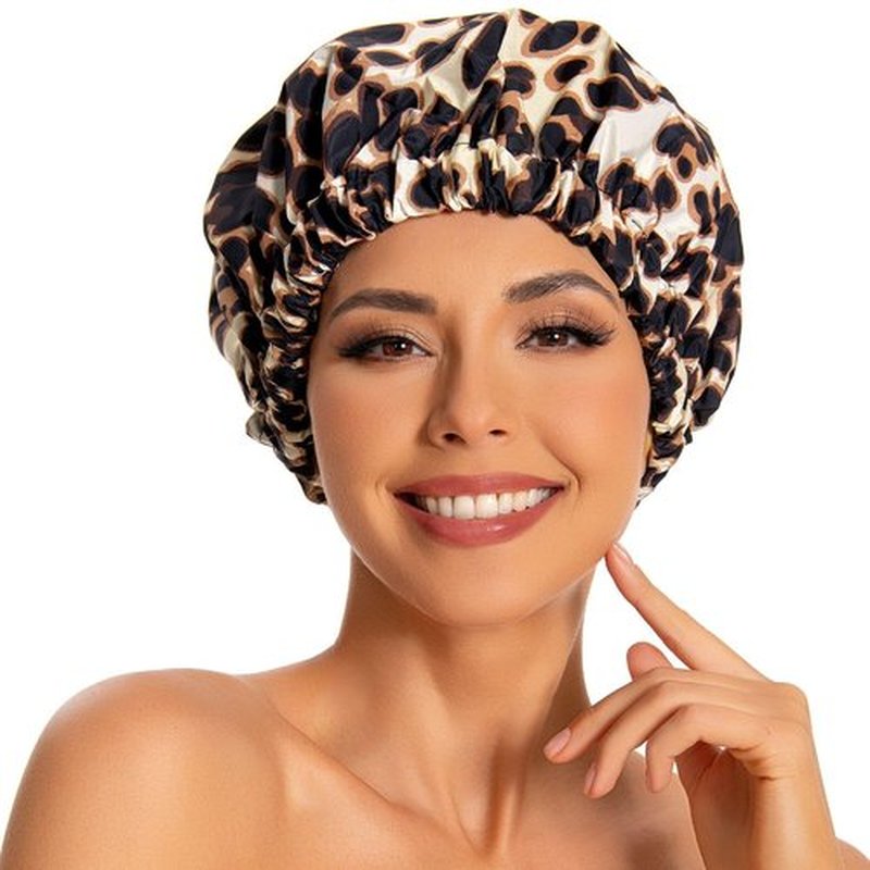 Reusable Shower Cap for Women, Large Waterproof Shower Bonnet Washable Elastic Band Bath Hair Hat for Long Hair, Braids(Leopard)
