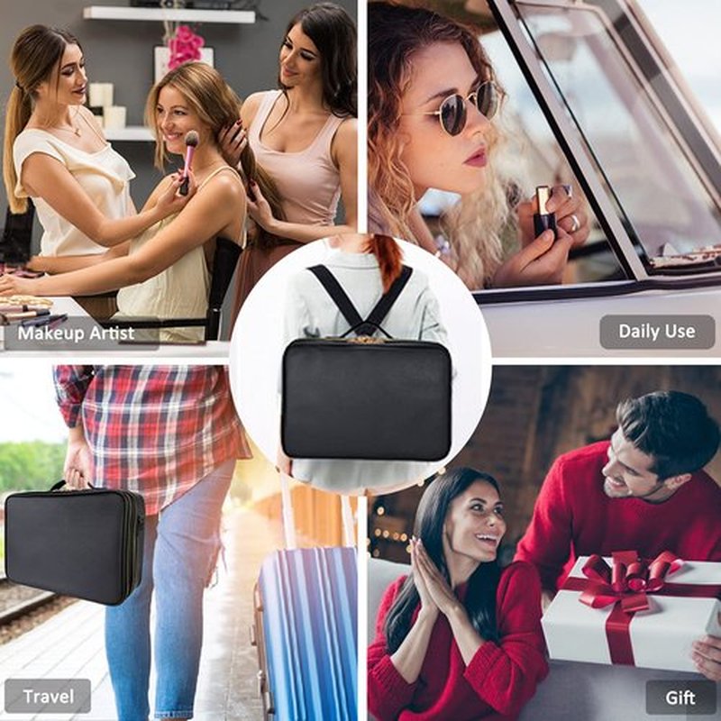 Makeup Case Travel 3 Layers Makeup Train Case Organizer Cosmetic Bag Portable Makeup Storage for Women Bags with Adjustable Dividers and Shoulder Strap for Toiletry Travel Accessories(Black, L)