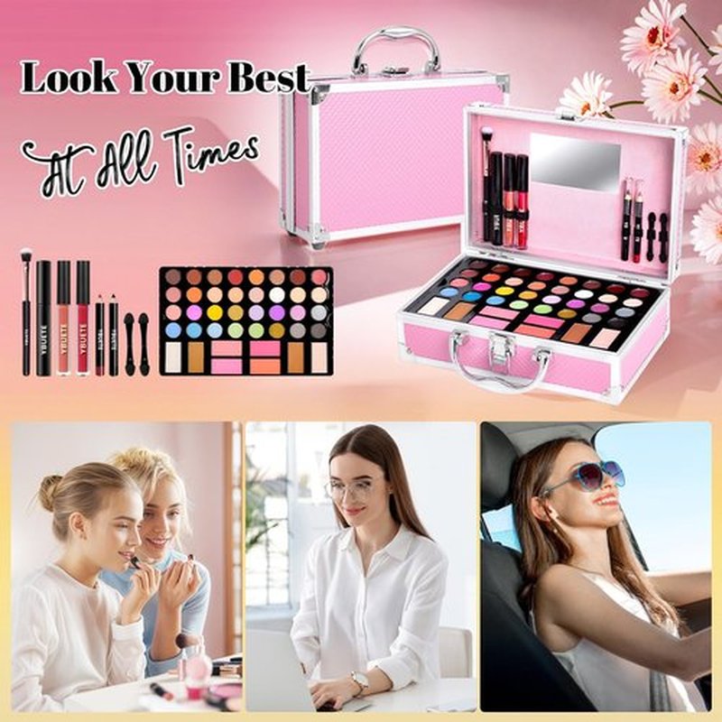 YBUETE Beginner Makeup Kit for Teen,Makeup Set for Girl Women,Beginner Makeup Kit with Cosmetic Train Case Included 32 Colors Eyeshadow Blush Contour Lip Gloss Lip Liner Mascara Eyeliner Mirror