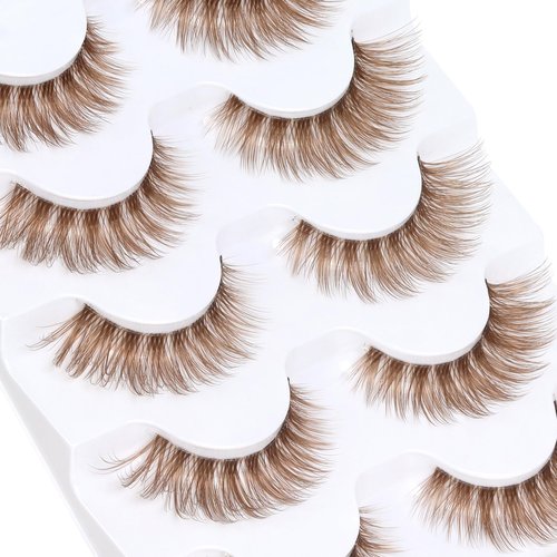 Veleasha Brown Lashes Cat Eye Lashes Wispy Faux Mink Lashes 100% Handmade Natural Look False Eyelashes with Clear Band Lightweight Fluffy False Eyelashes 5 Pairs Pack(Brown02)