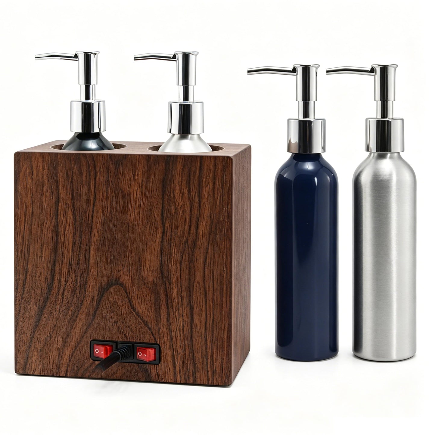 Elitzia Walnut Wood Massage Oil Warmer Independent Dual-Bottle Heating Control with 4 Massage Oil Pump Bottles Lotion Warmer Dispenser Heated 122-140°F Suitable for Salon Spa ETAW03
