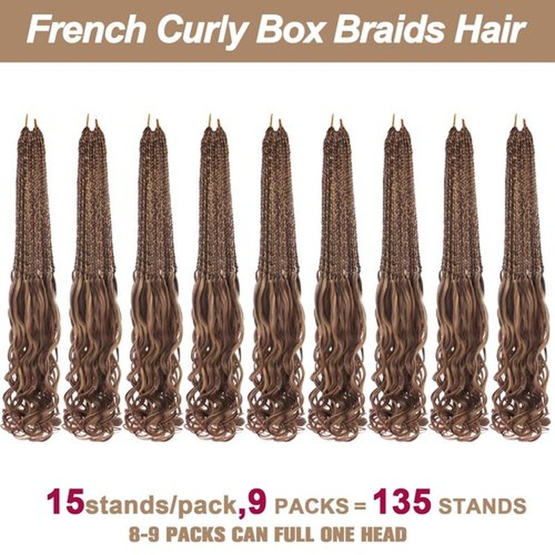 COOKOO 9 Pack 14 Inch French Curl Braids Crochet Hair Pre Looped French Curly Box Braids Hair Ombre Brown Loose Curly Synthetic Braiding Hair Extensions Goddess Box Braids for Black Women 27/33#